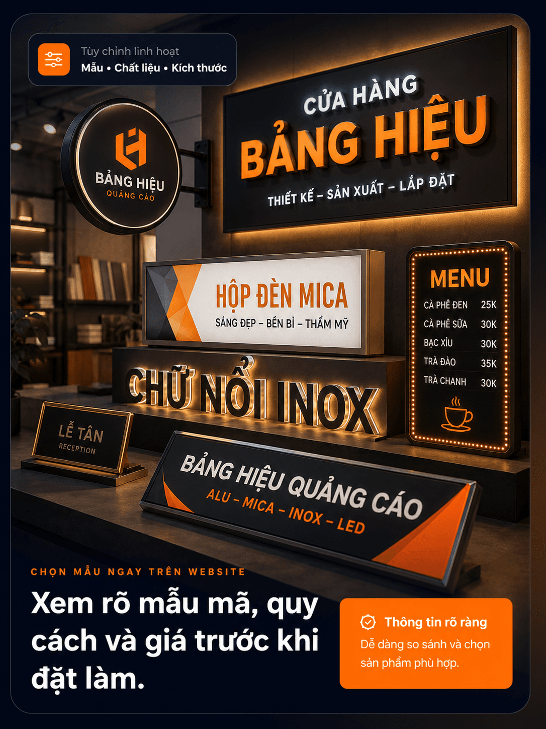 Mẫu bảng hiệu quảng cáo được trưng bày tại Cửa Hàng Bảng Hiệu